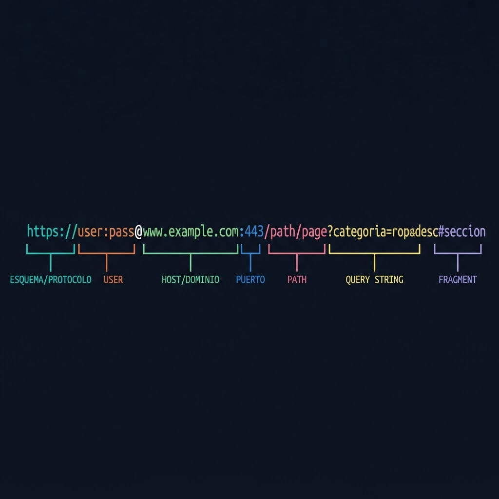 Diagrama que descompone una URL en esquema, usuario, host, puerto, path, query string y fragmento.