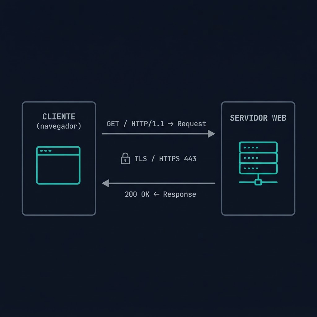 Diagrama del ciclo petición-respuesta HTTP entre el cliente (navegador) y el servidor web, con la capa TLS/HTTPS en el puerto 443.